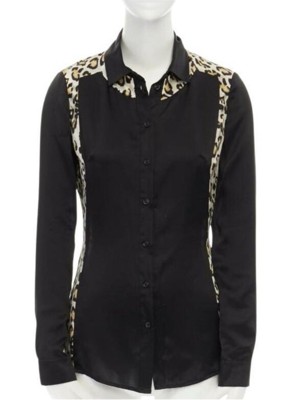 ROBERTO CAVALLI VINTAGE Black and Leopard Panel Long-Sleeve 100% Silk Blouse 40